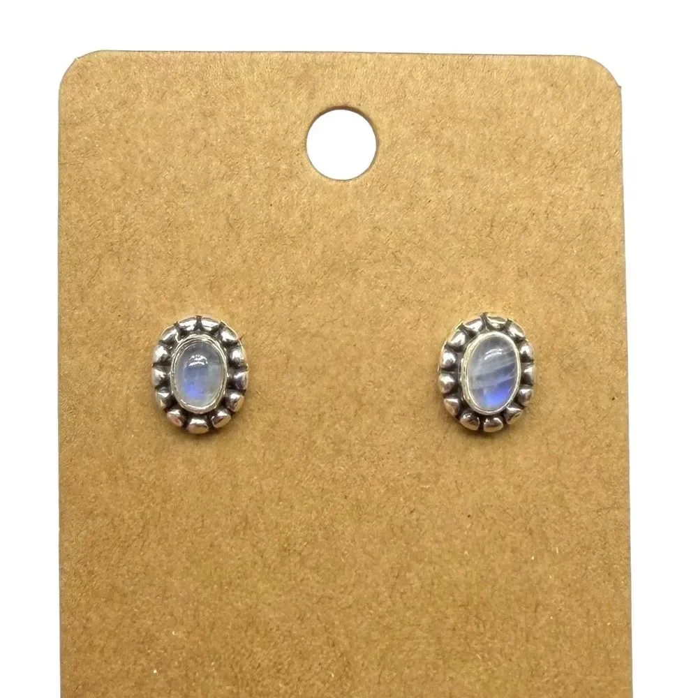 Rainbow Moonstone Stud Earrings Solid 925 Sterling Silver